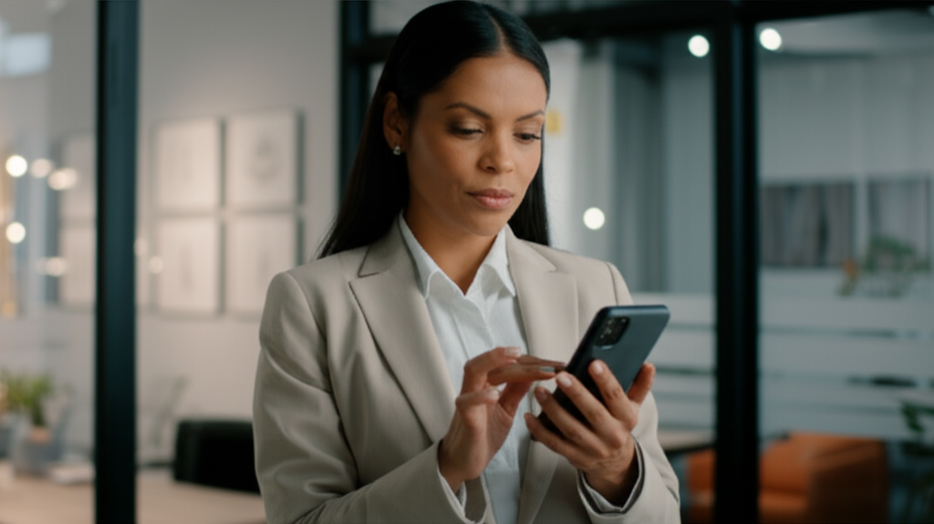 Vendedora profesional usando teléfono para generar ventas